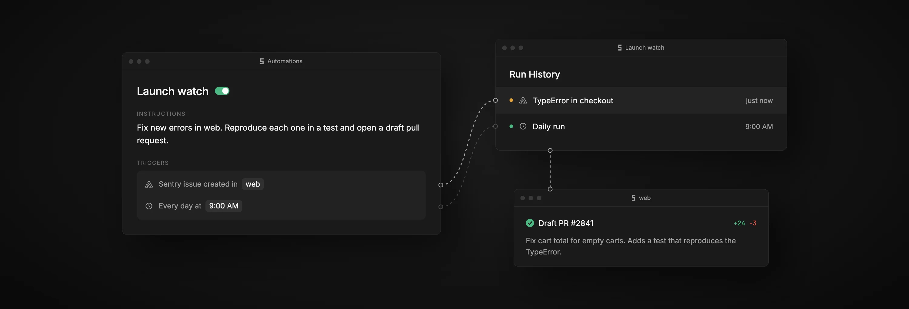 De automatisering Launch watch met een Sentry-trigger en een dagelijks schema, de twee runs en de draft pull request die de agent opende.