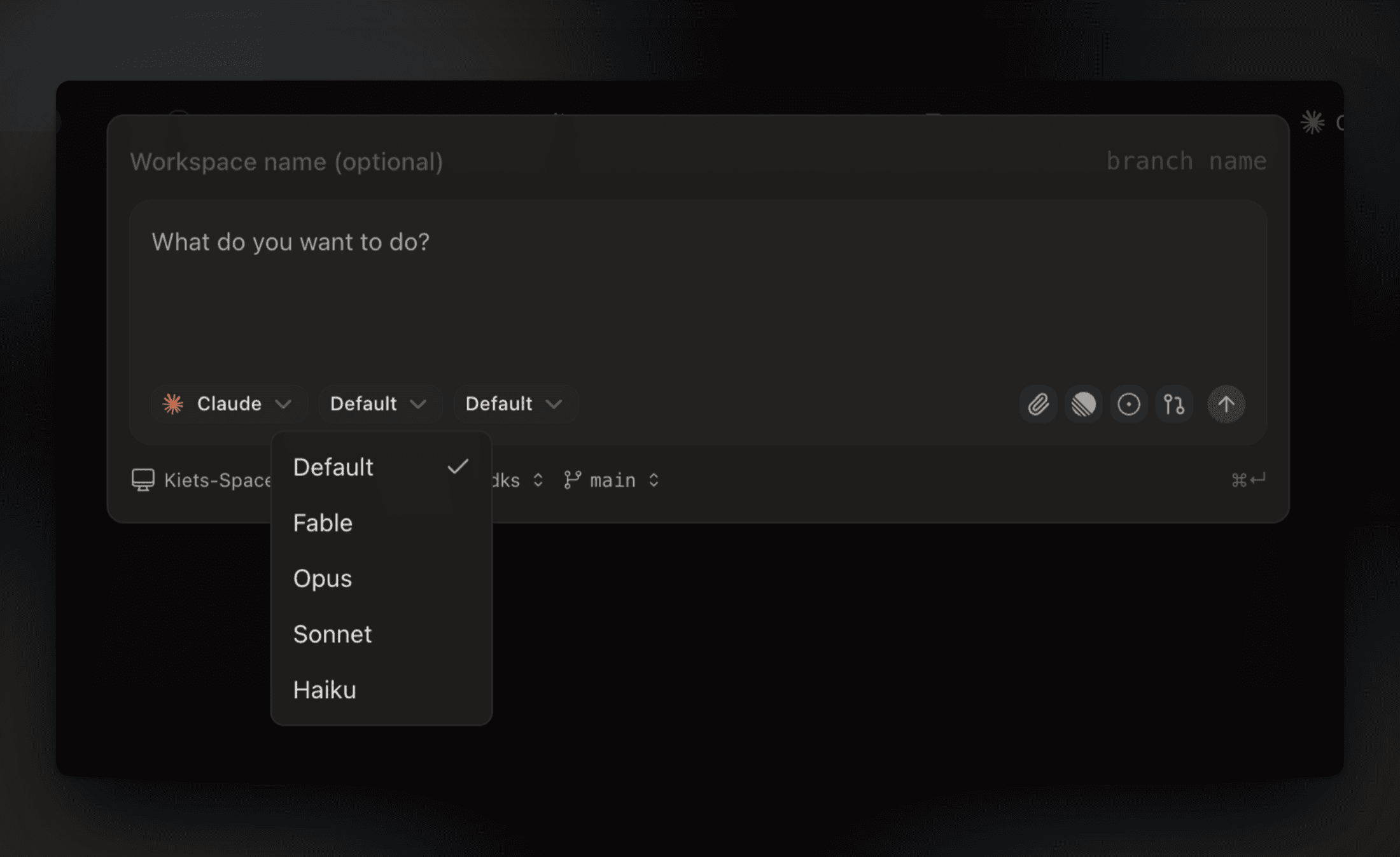 New workspace dialog: pick the model (Fable, Opus, Sonnet, Haiku) and reasoning effort inline
