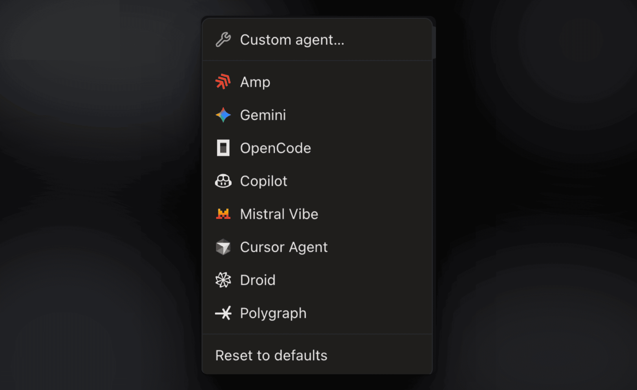 Add agent menu in Settings → Agents showing Mistral Vibe alongside Amp, Gemini, OpenCode, Copilot, and more