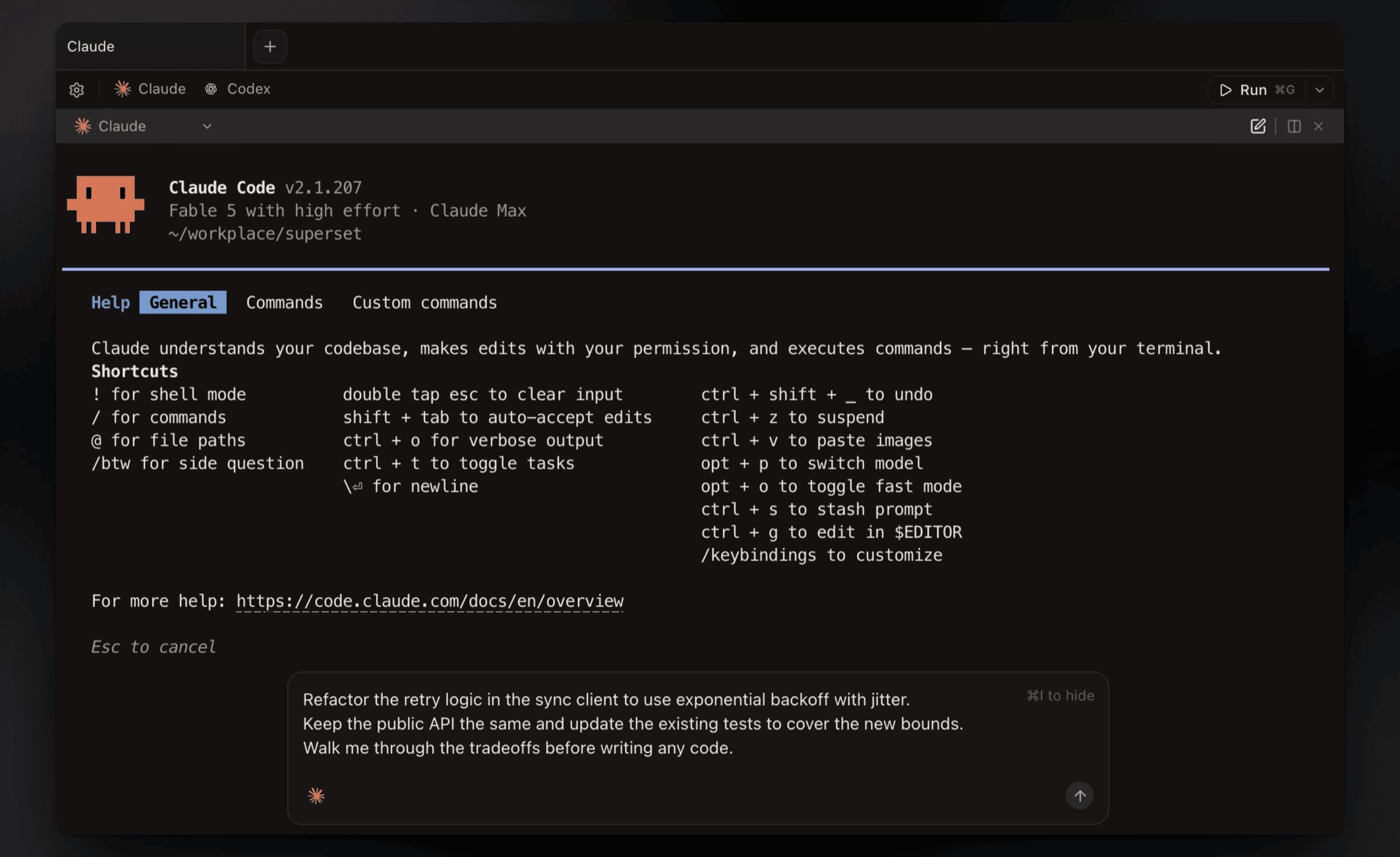 Rich input overlay floating over a Claude Code terminal, with a multiline prompt drafted