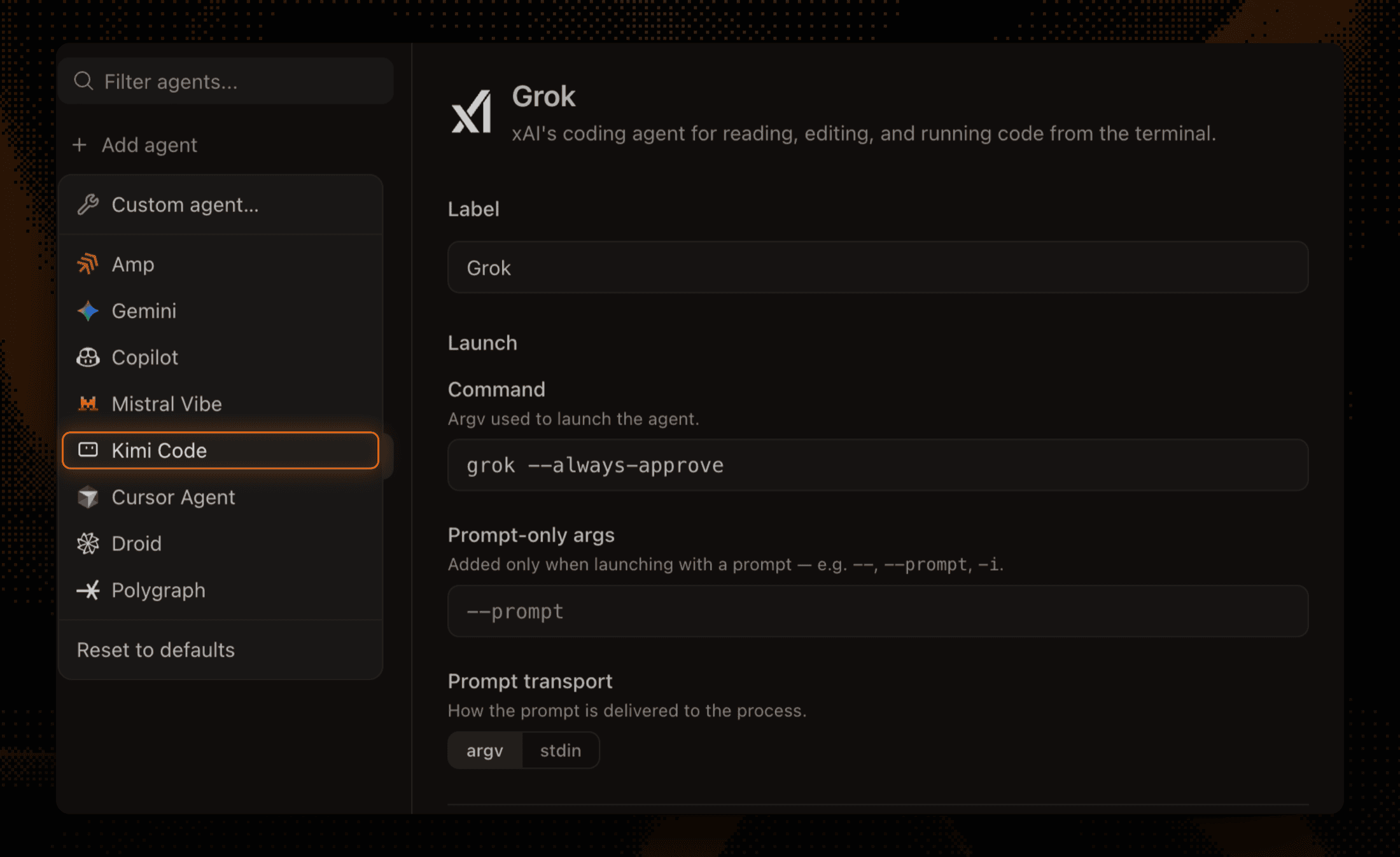 Grok's agent settings page next to the Add agent picker, with Kimi Code highlighted among Amp, Gemini, Copilot, Mistral Vibe, and Cursor Agent