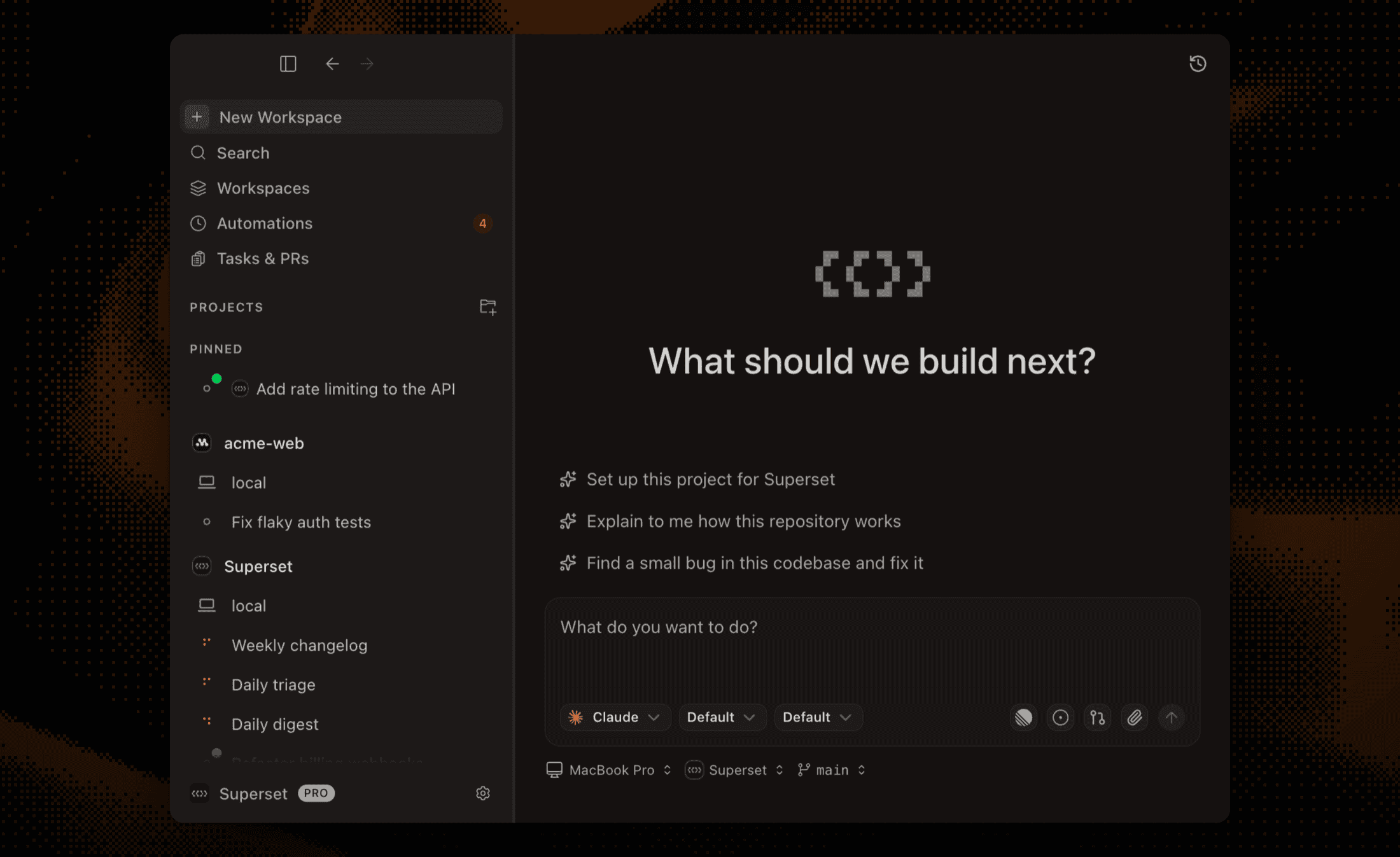 The restyled sidebar with denser rows, a Pinned section, and project groups next to the new-workspace view