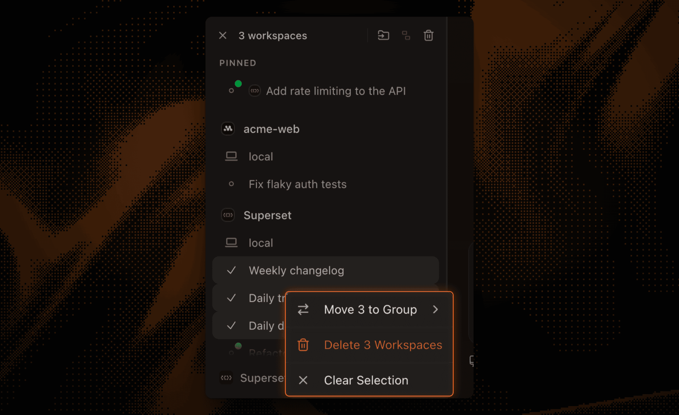 Three selected workspaces in the sidebar with the Pinned section above and the right-click menu offering Move 3 to Group and Delete 3 Workspaces