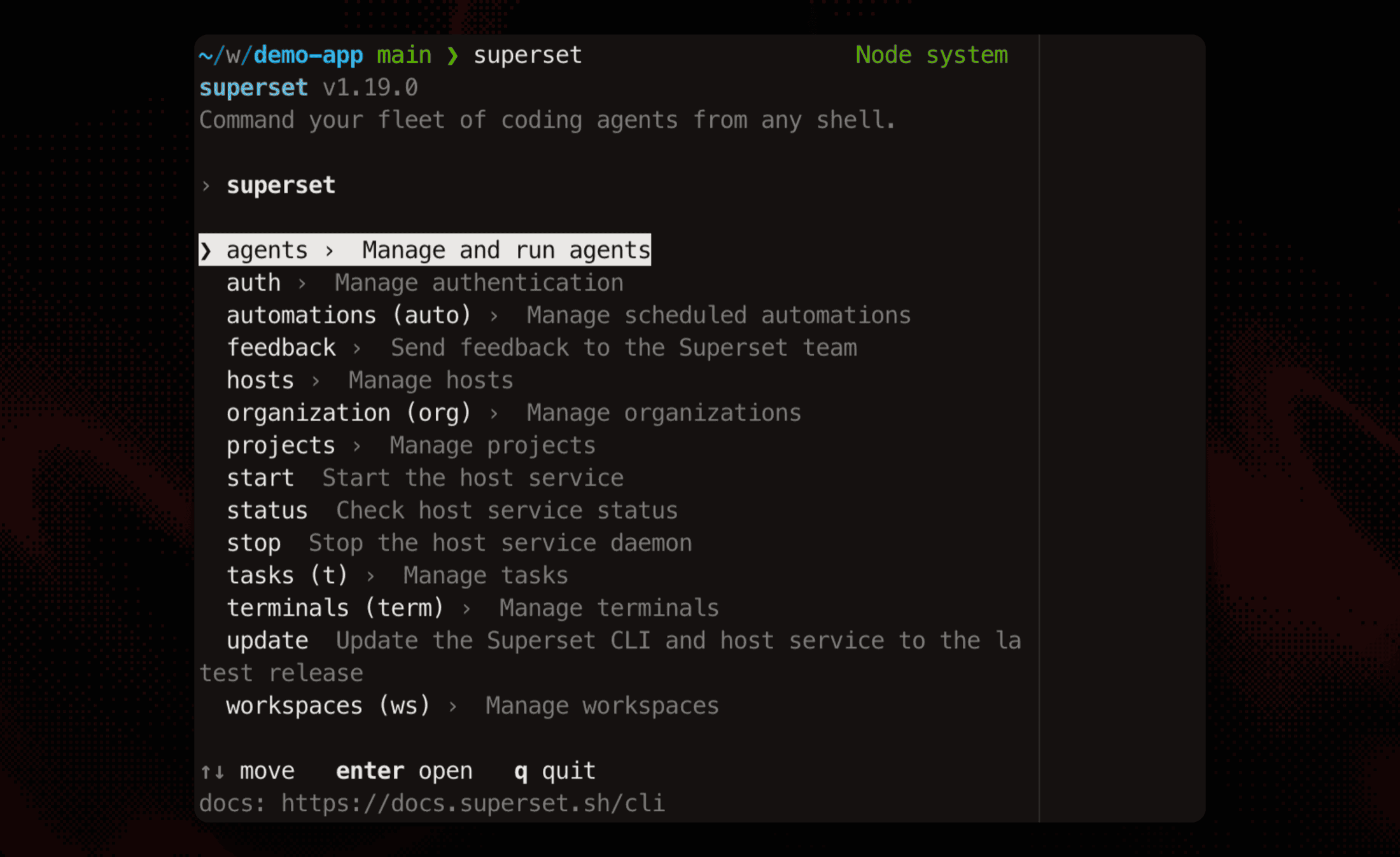 The interactive command browser after running superset with no arguments