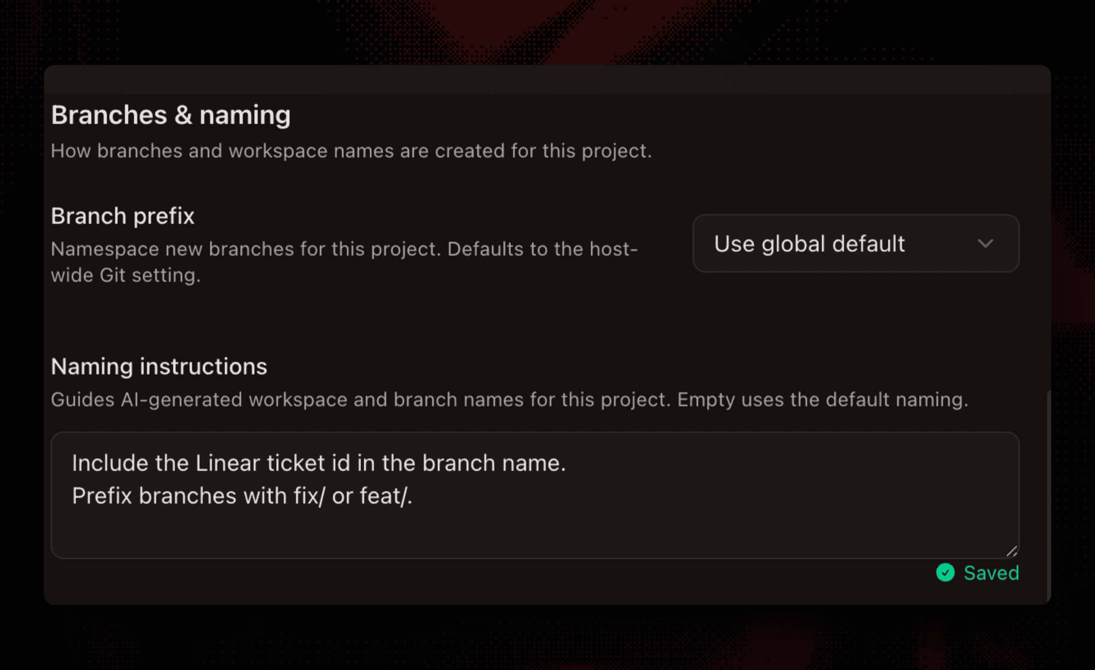 Naming instructions and branch prefix fields on the project settings page