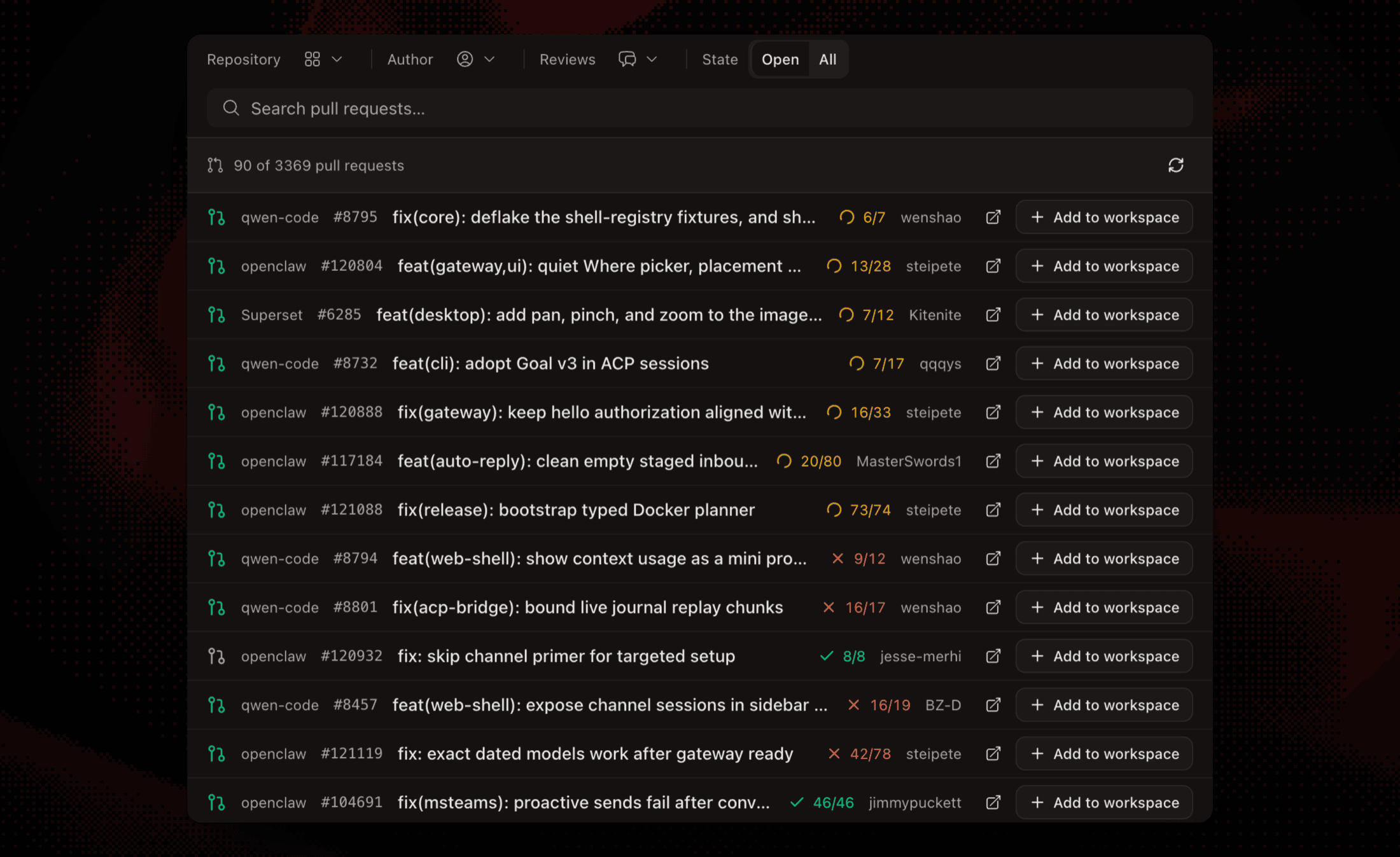 The Pull requests view filtering three repositories with check summaries on every row