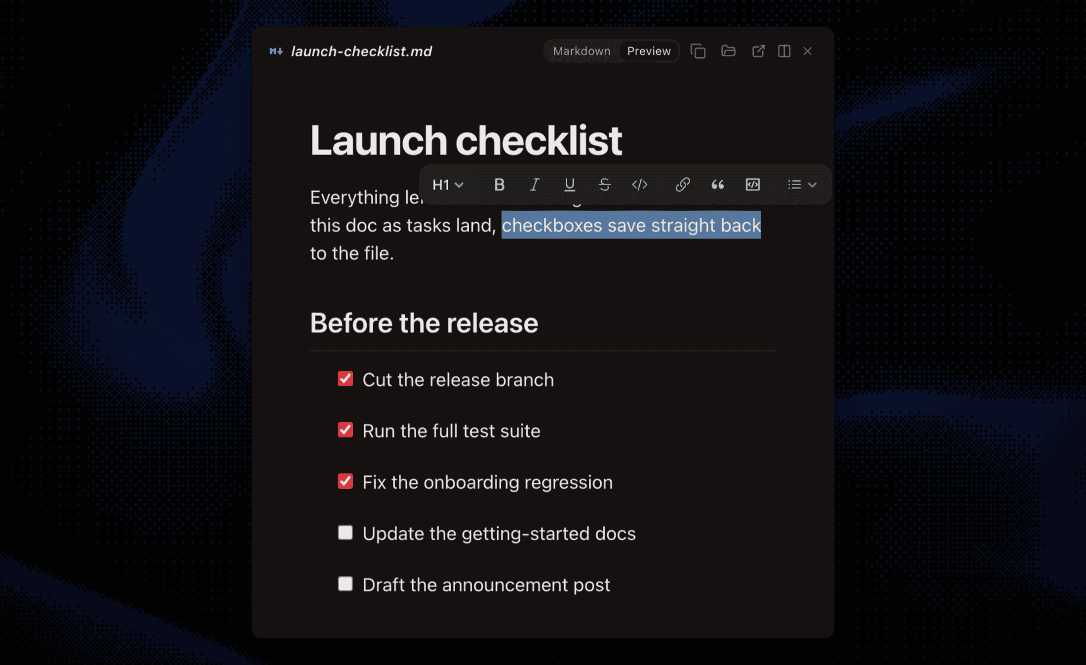 Editing a markdown checklist in the rendered preview with the formatting menu open over selected text