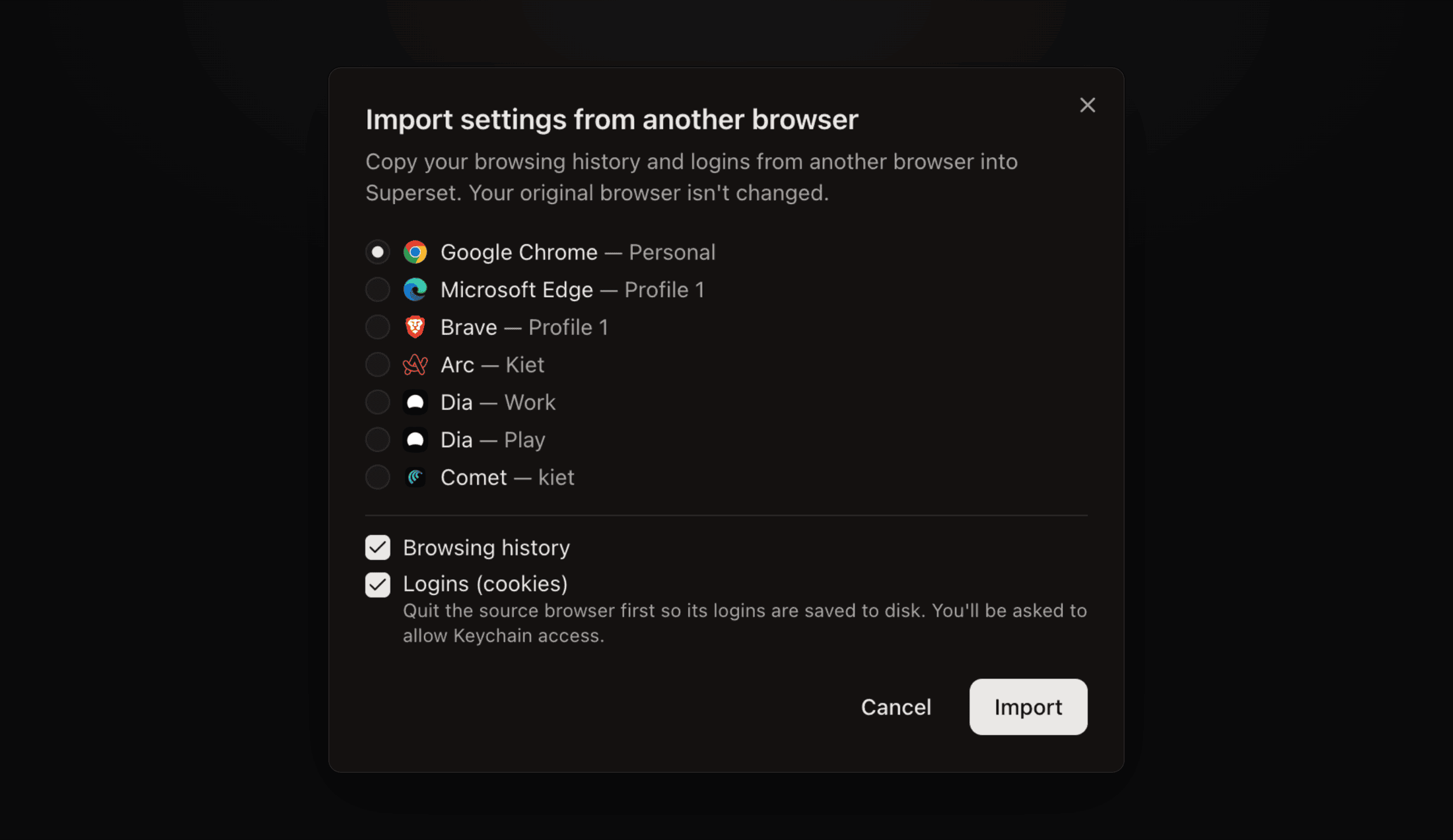 The Import settings from another browser dialog listing Chrome, Edge, Brave, Arc, Dia, and Comet profiles with history and logins checked