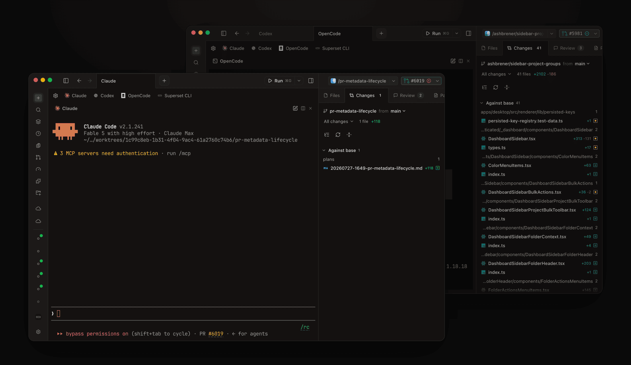 Two Paradev windows side by side, one running Claude Code on a pull request workspace and one running OpenCode on another