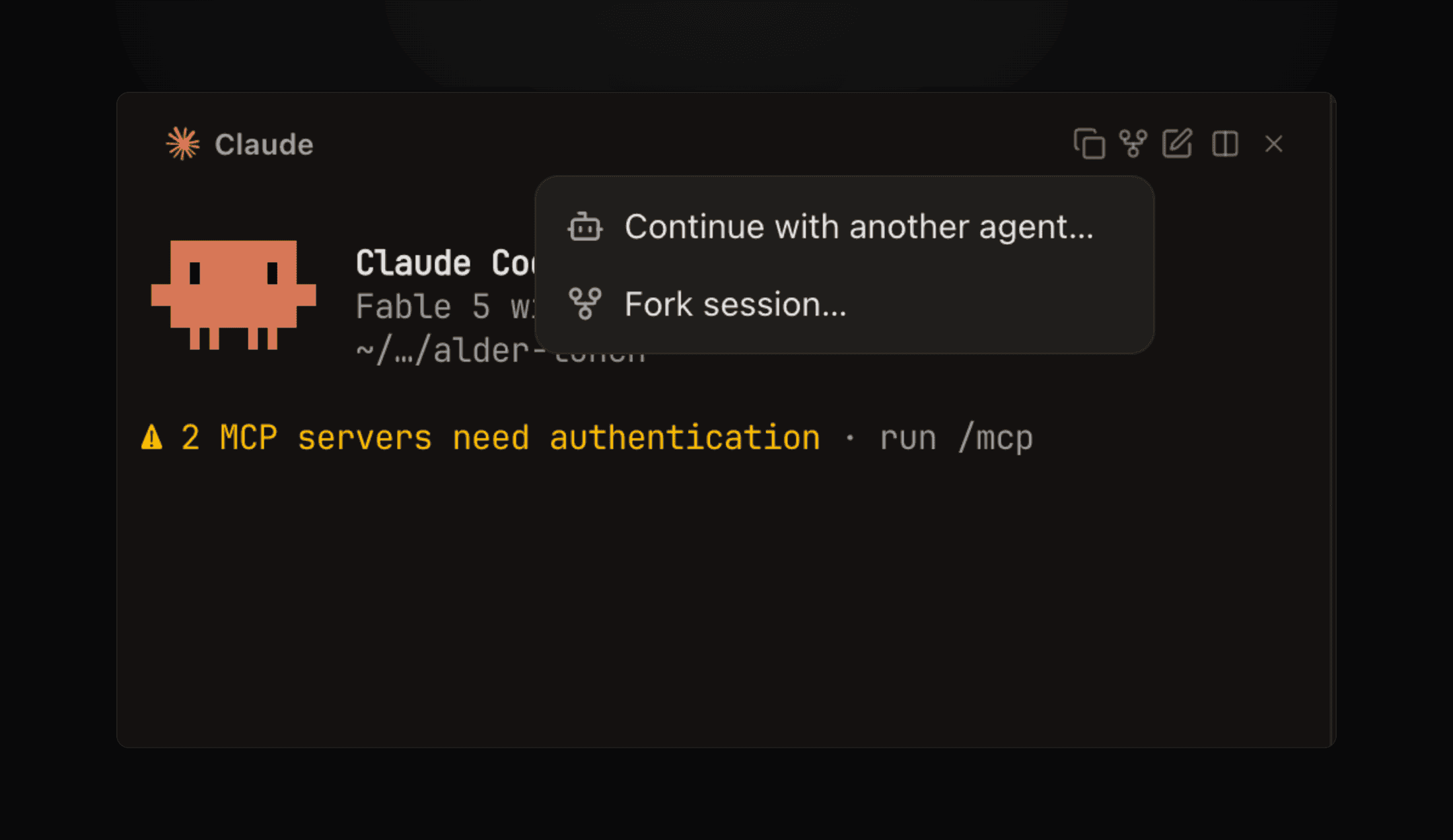 The session handoff menu on a Claude terminal pane with Continue with another agent and Fork session actions
