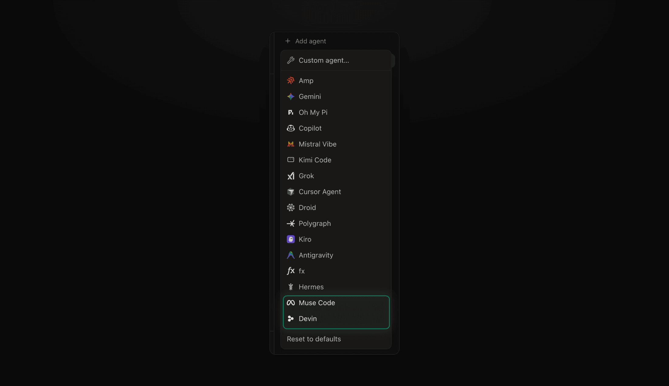 The Add agent menu with Muse Code and Devin at the bottom