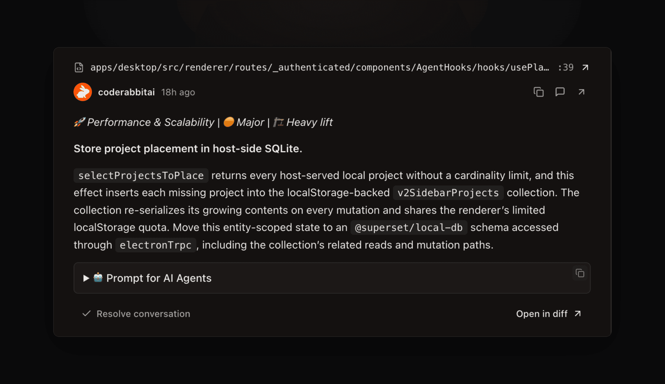 Review comments below the description in the pull request pane, with Open in diff on each thread