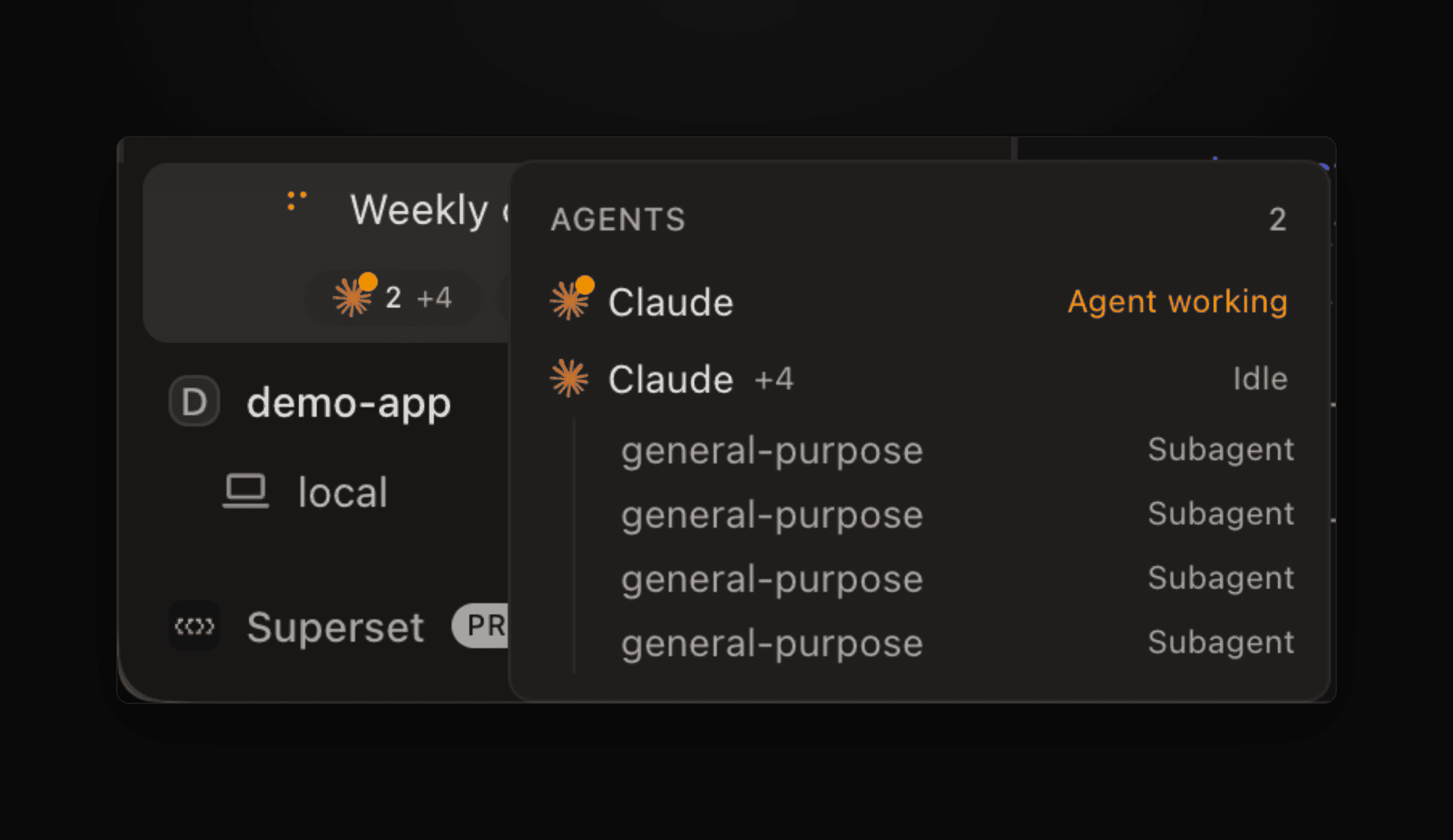 The agents popover on a workspace row, with four subagents nested under their Claude session