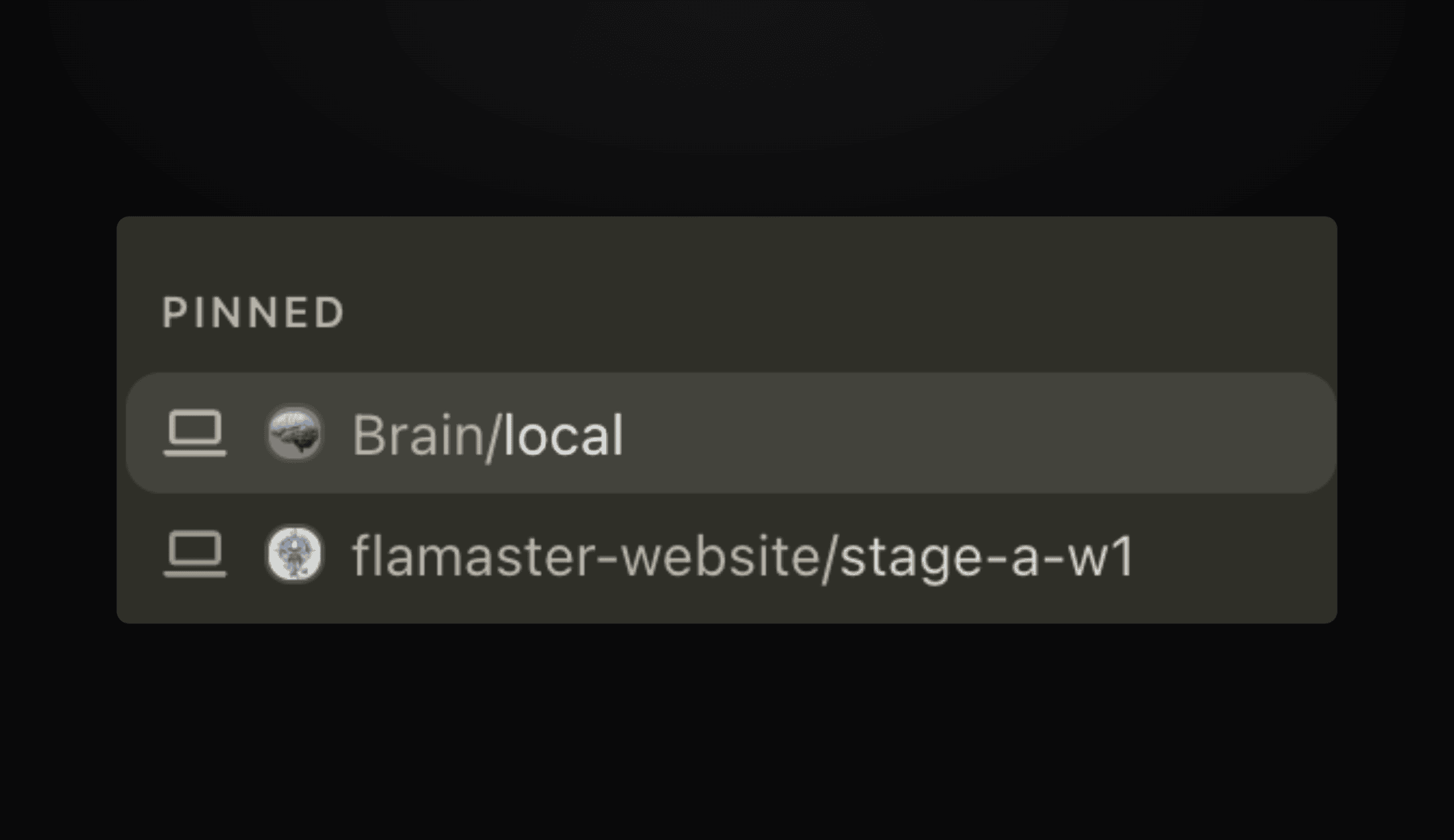 Pinned workspace rows show the project name before the workspace name