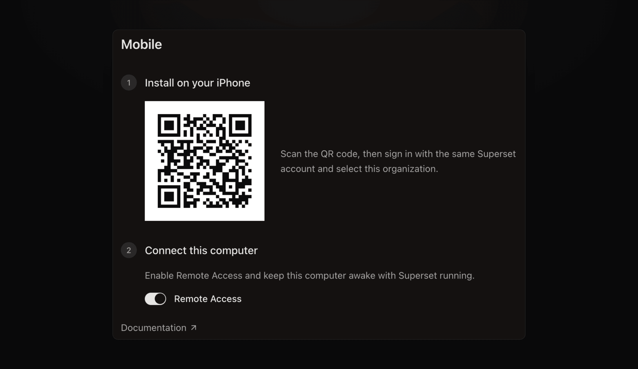 Mobile settings with a QR code to install the app and a Remote Access toggle