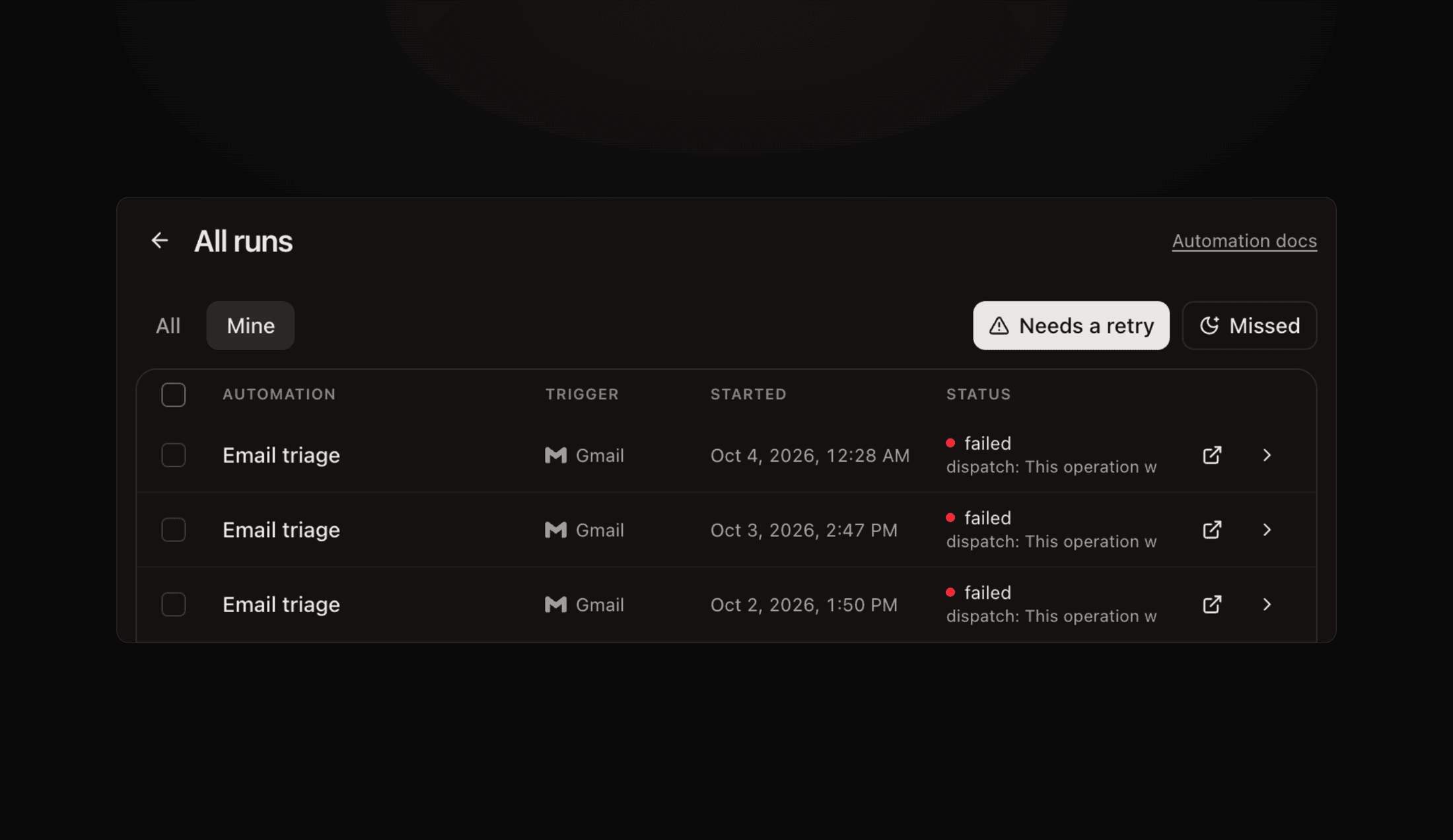 All runs filtered to automations that need a retry