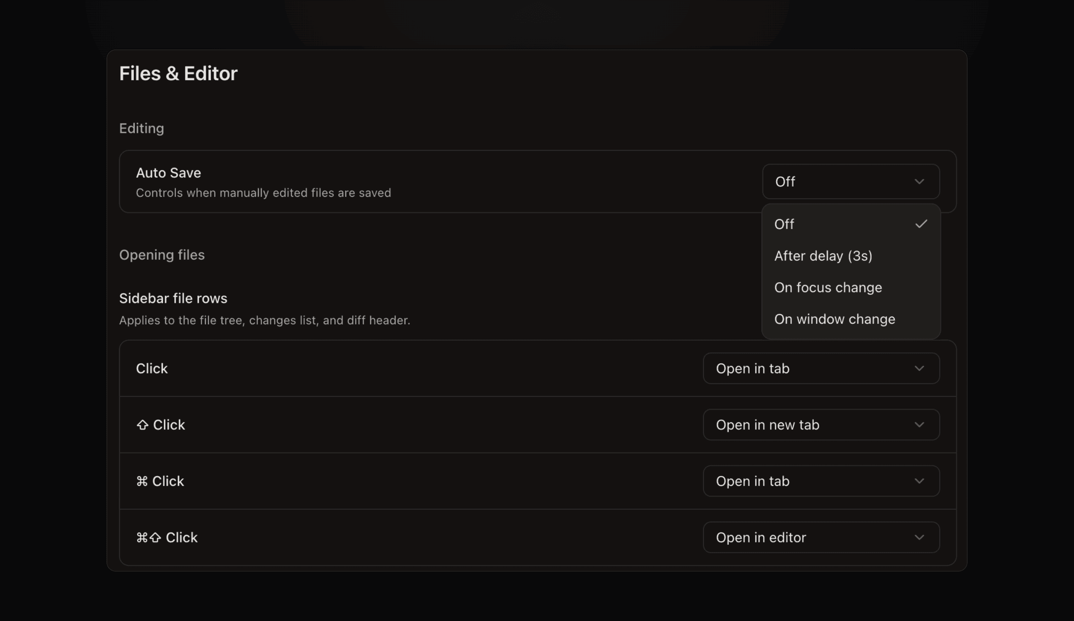 Files & Editor settings with the auto-save options open