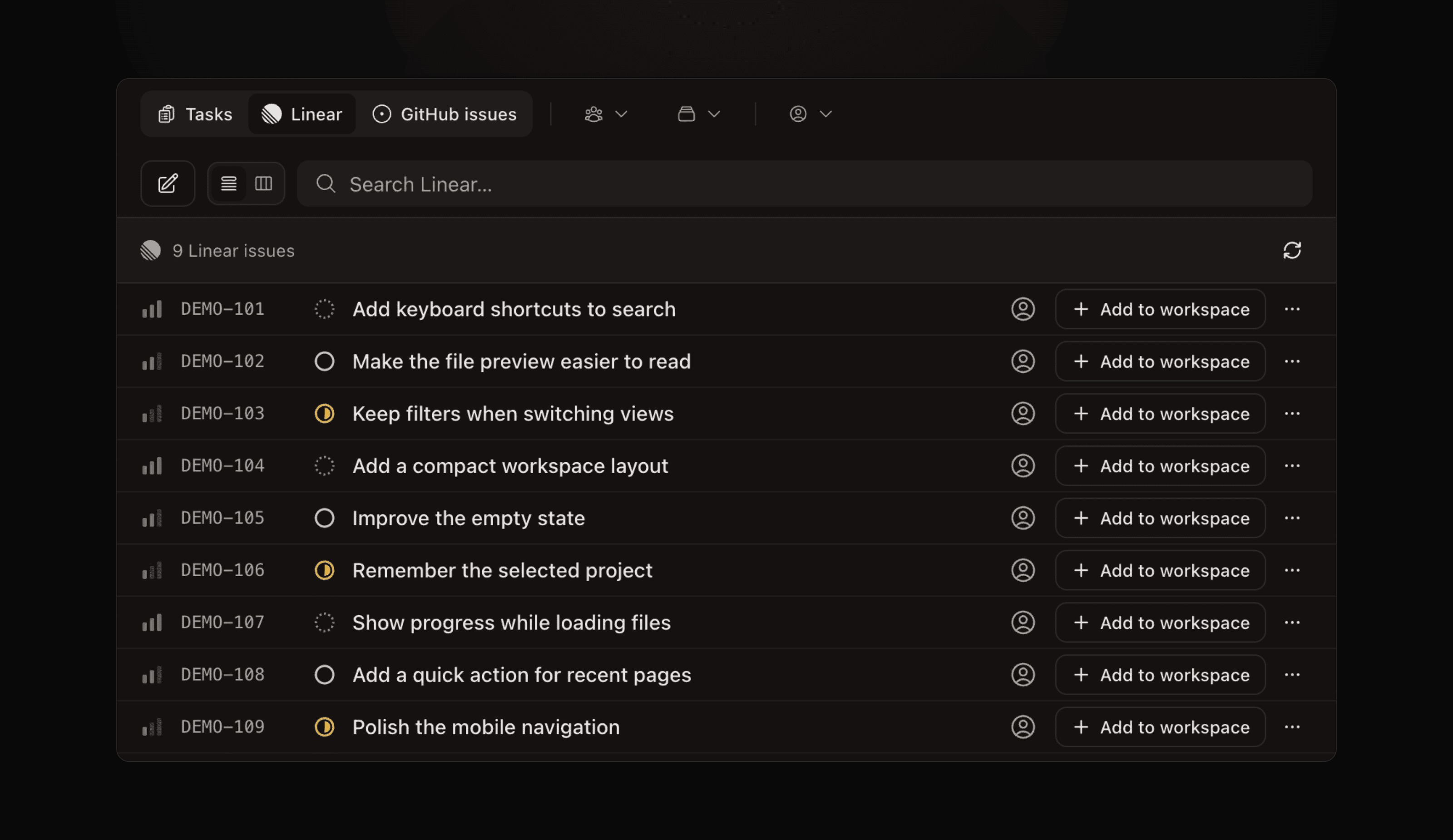 Linear list view with sample issues