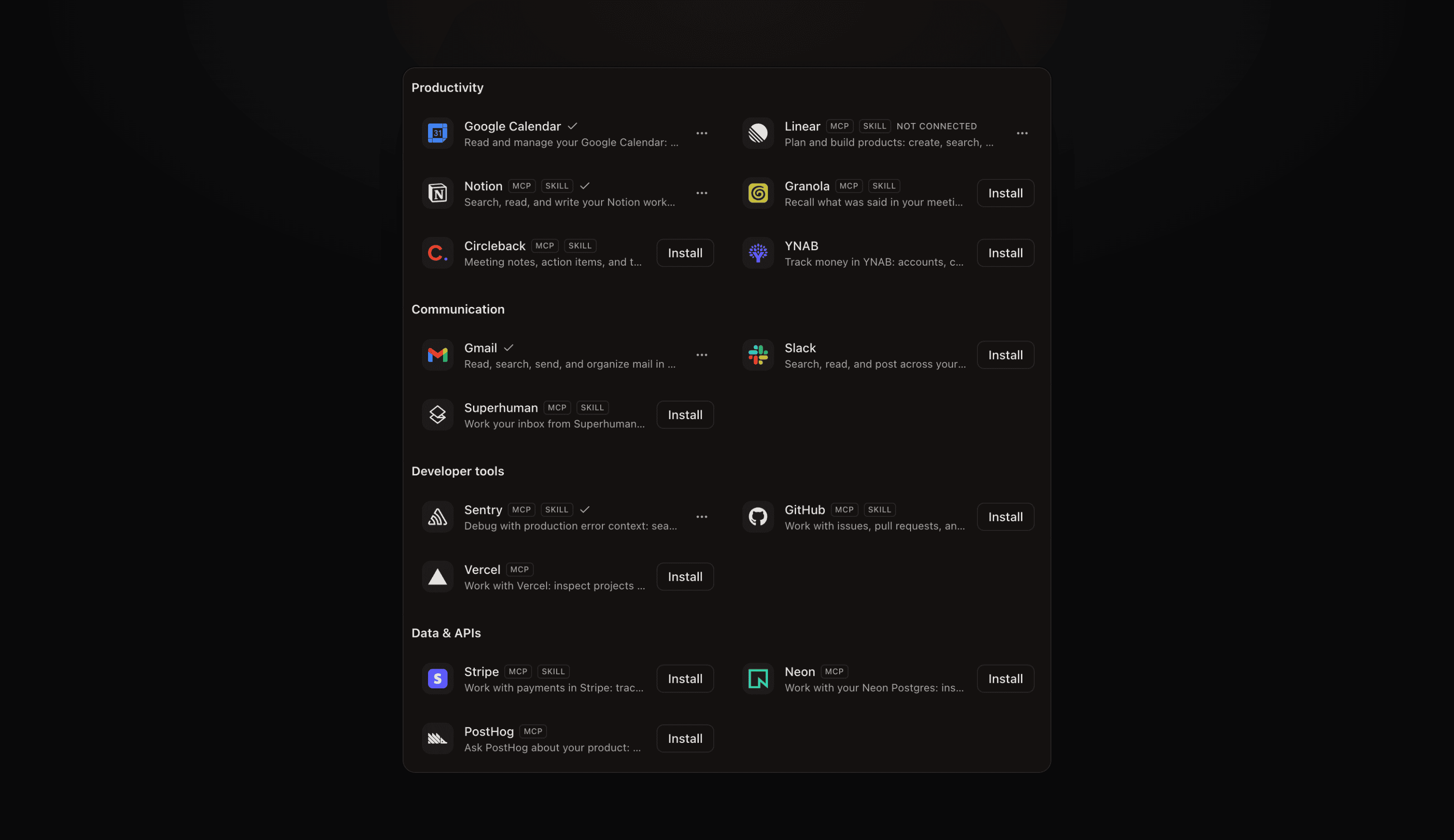 Plugins page with Google Calendar, Vercel, Neon, and PostHog