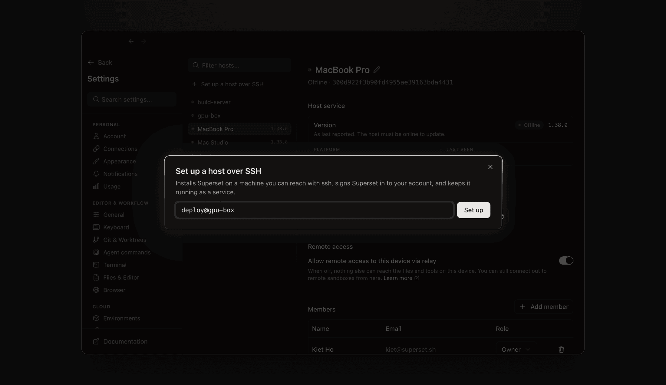 The Set up a host over SSH dialog over Settings → Hosts, with an SSH destination entered