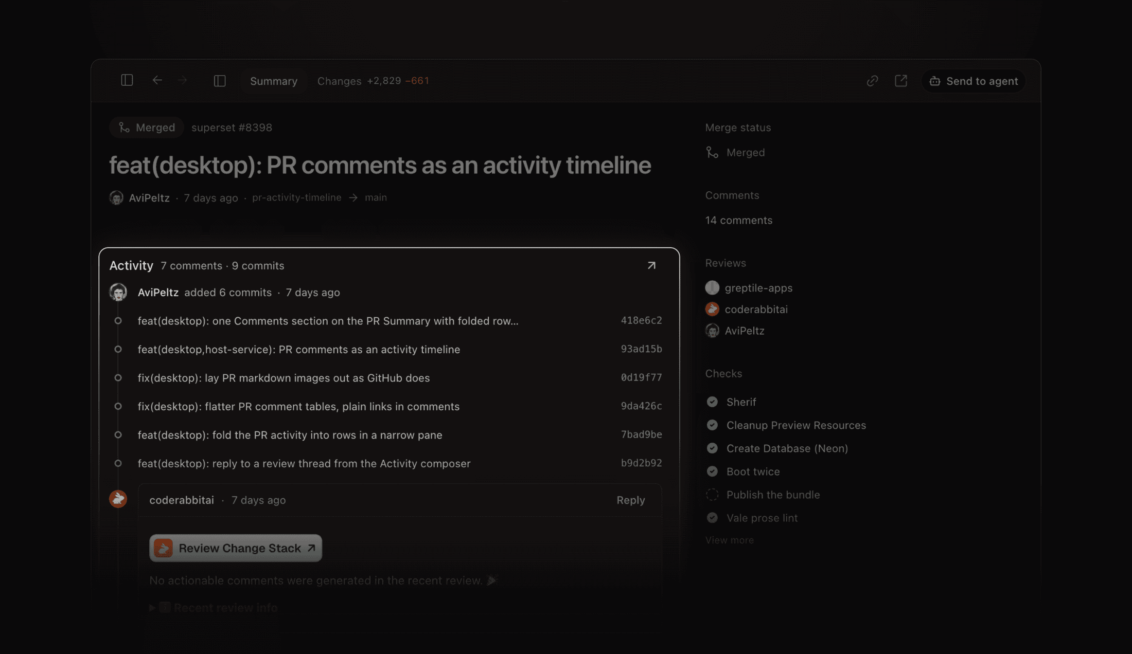 A pull request page with the Activity rail highlighted: pushed commits and a review comment in one stream