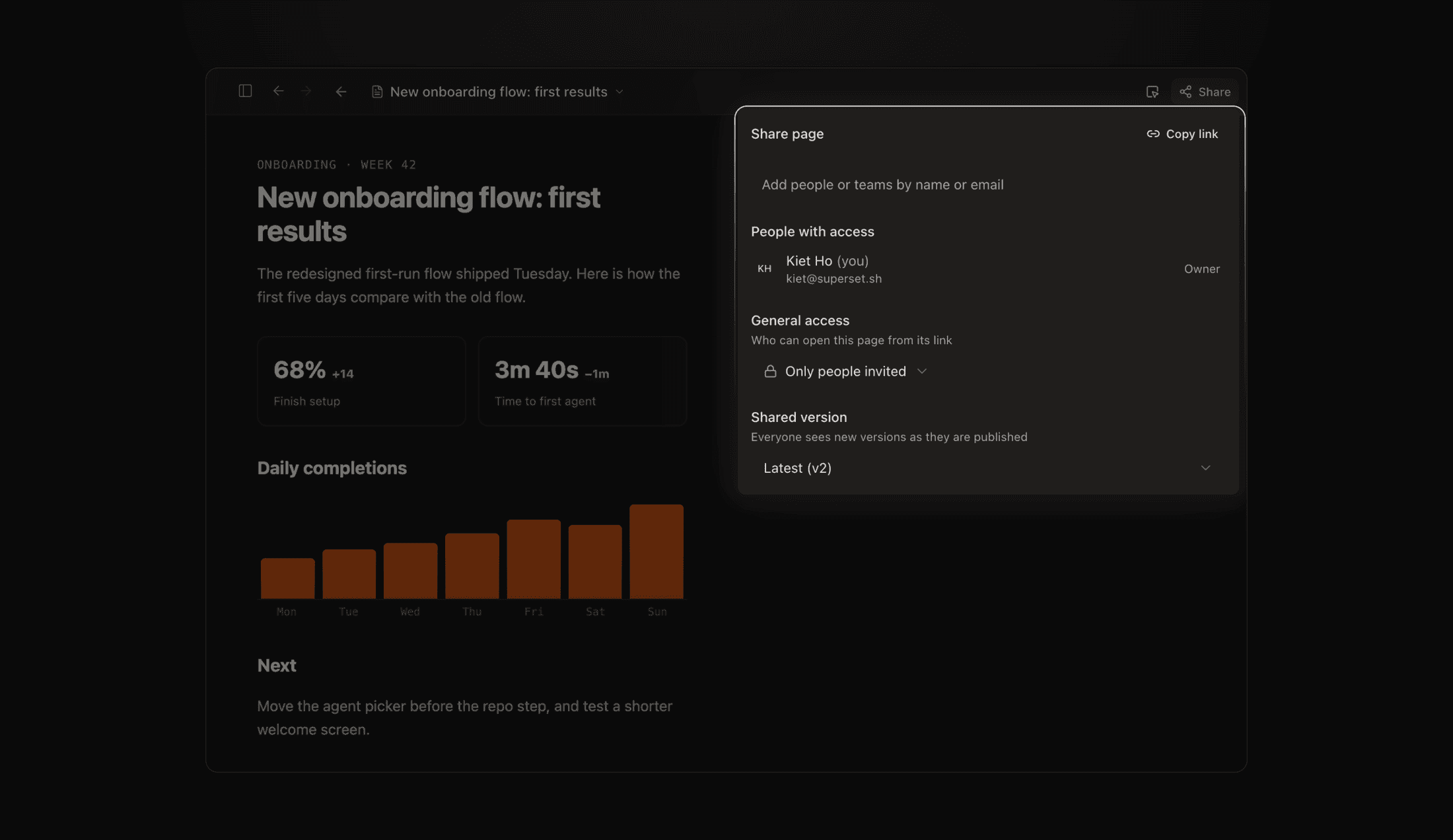 The Share popover open over a page, with the invite field, people with access, and general access