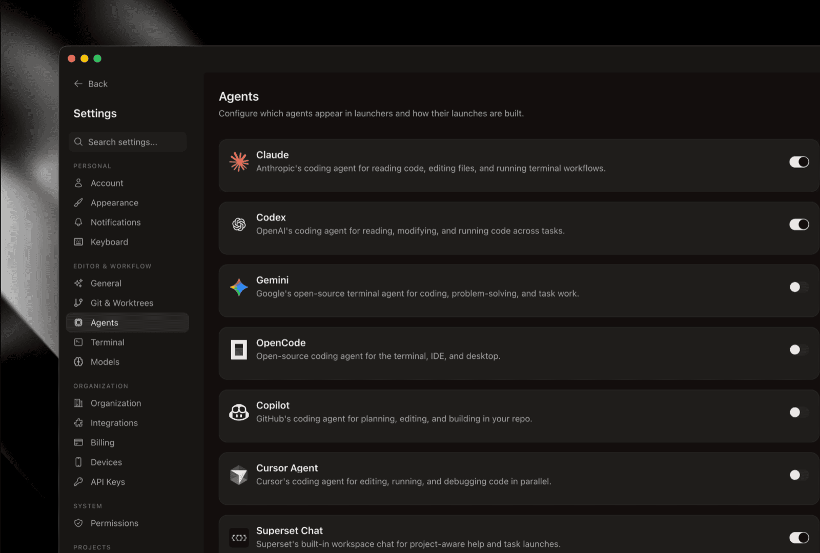 Configurable agent settings, simpler workspace modal, and tab and pane enhancements