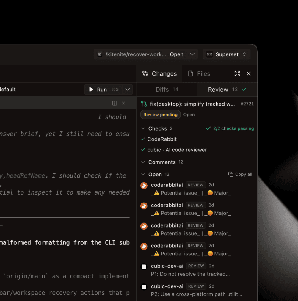 Review tab, task creation, project-level presets, and run button