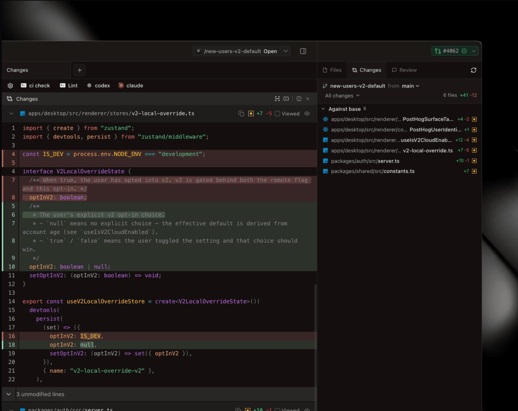 v2 Changes pane: infinite-scroll diff with compact file sidebar and review tab
