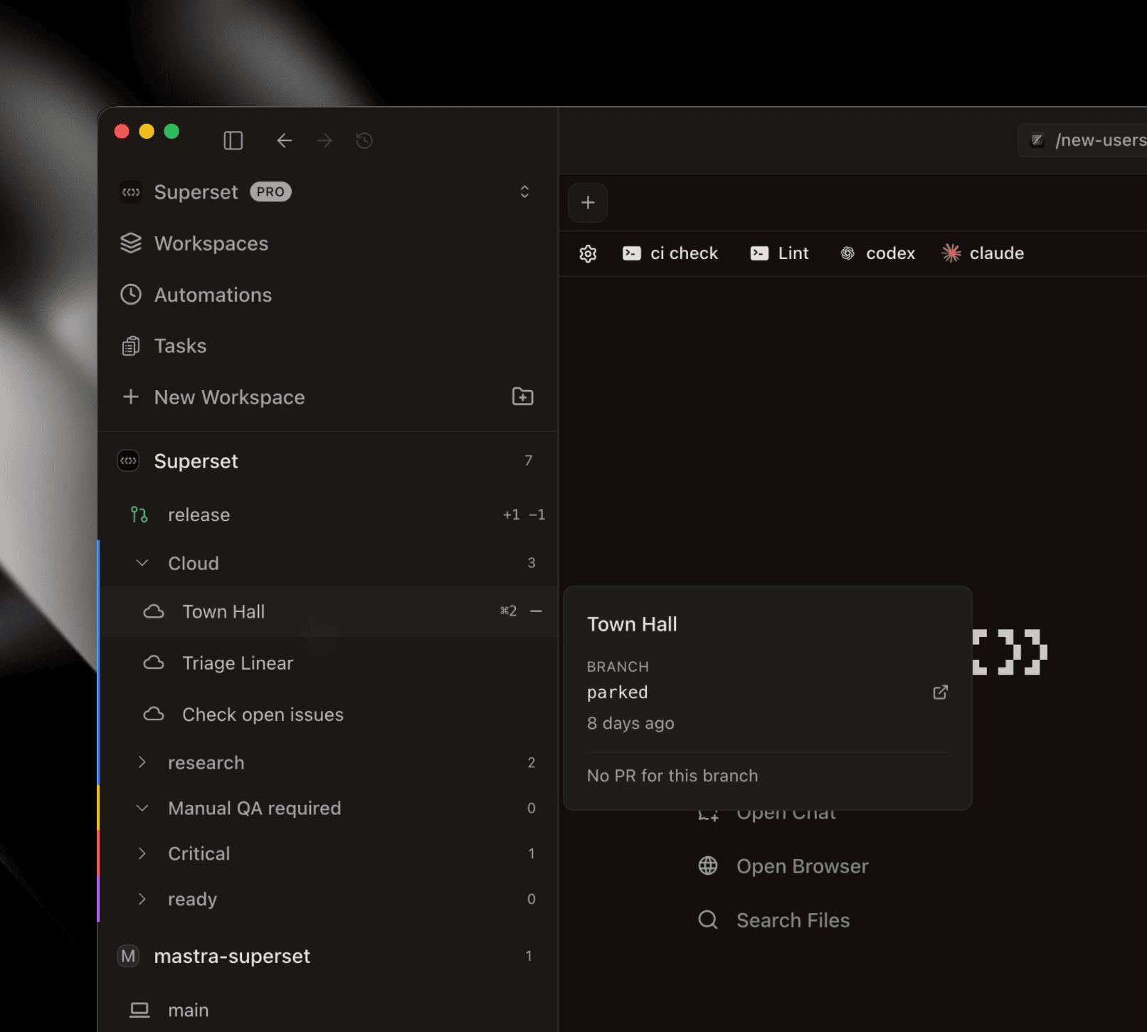 Sidebar with a Cloud workspace group and a remote workspace hover card